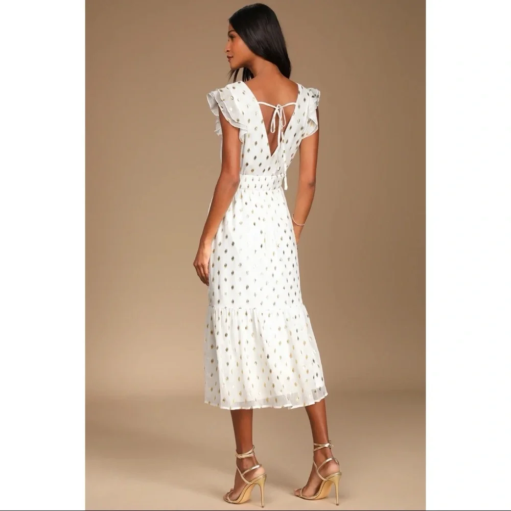 NWOT Lulus Cause to Celebrate White and Gold Dot Ruffled Tiered Midi Dress - Picture 3 of 11
